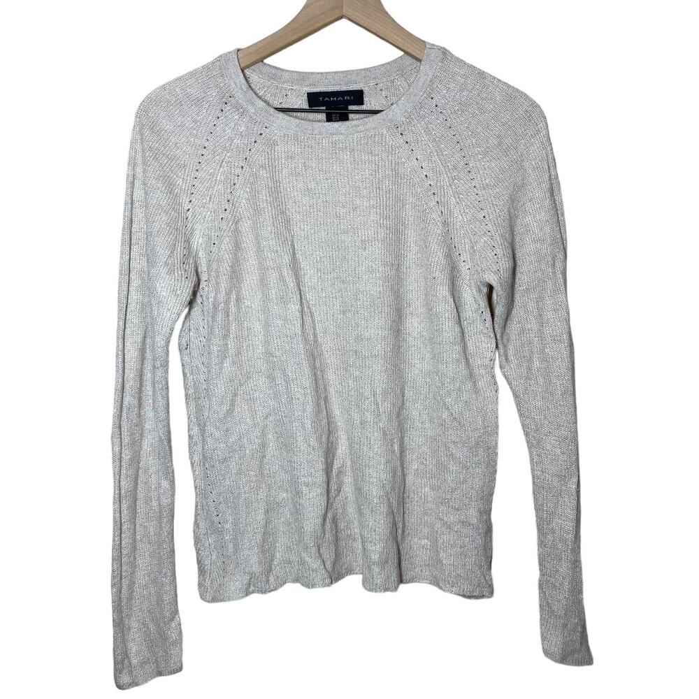 Tahari Women's Cream Linen Blend‎ Thin Knit Sweater Size Medium